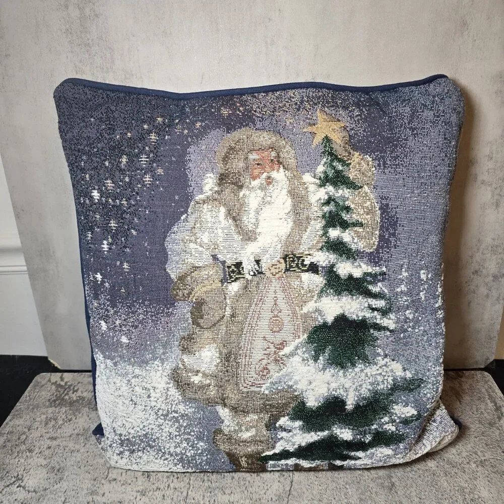 Riverdale Christmas Pillow Throw Blue Tapestry Cushion Santa Clause Star Vtg